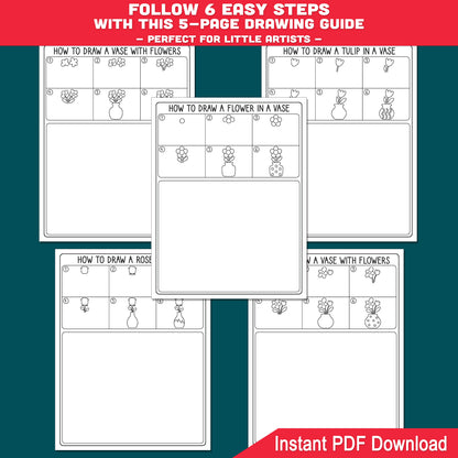 How to Draw a Vase with Flowers Step-by-Step Drawing Guide, Directed Activity Sheets, 6 Easy Steps 5 Pages + 5 Coloring Sheets Printable