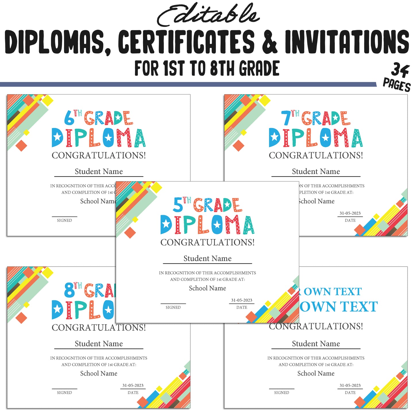 Editable Diplomas for 5th Grade, Certificates for 1st-8th Grade & Invitation Templates in a Abstract Theme - 34 Pages, PDF Instant Download