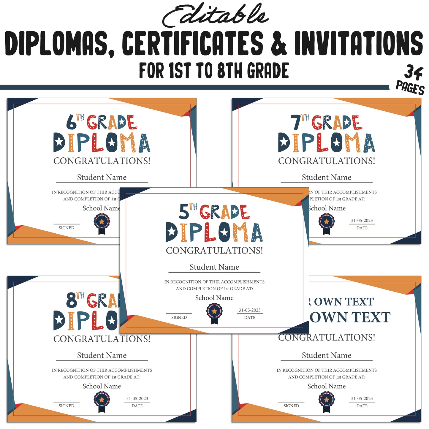 Printable 4th Grade Diplomas, Editable Certificates for 1st-8th Grades & Invitation Templates in a Flat Design, 34 Pages, Instant Download