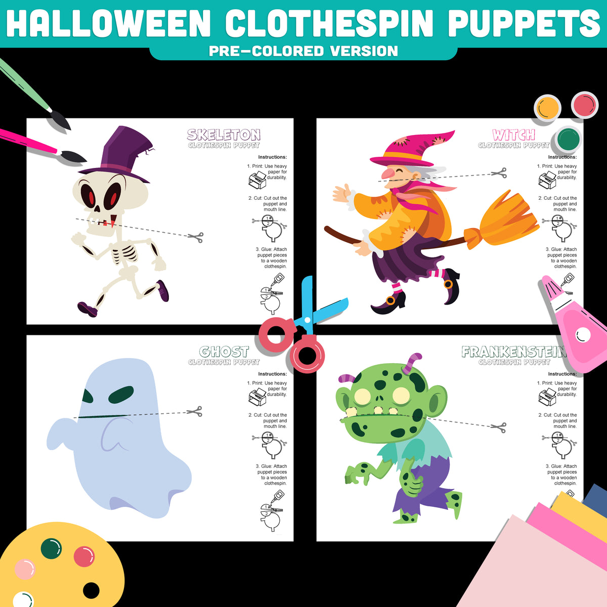 Halloween Puppet Craft for Kids, Clothespin Characters, Skeleton Ghost Witch Frankenstein