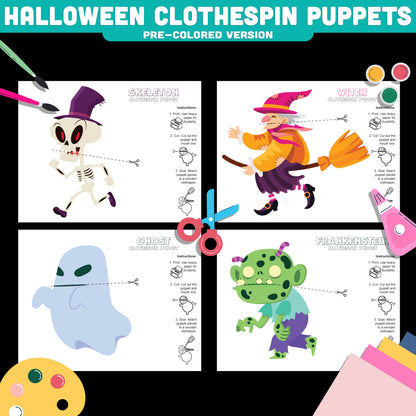 Halloween Puppet Craft for Kids, Clothespin Characters, Skeleton Ghost Witch Frankenstein