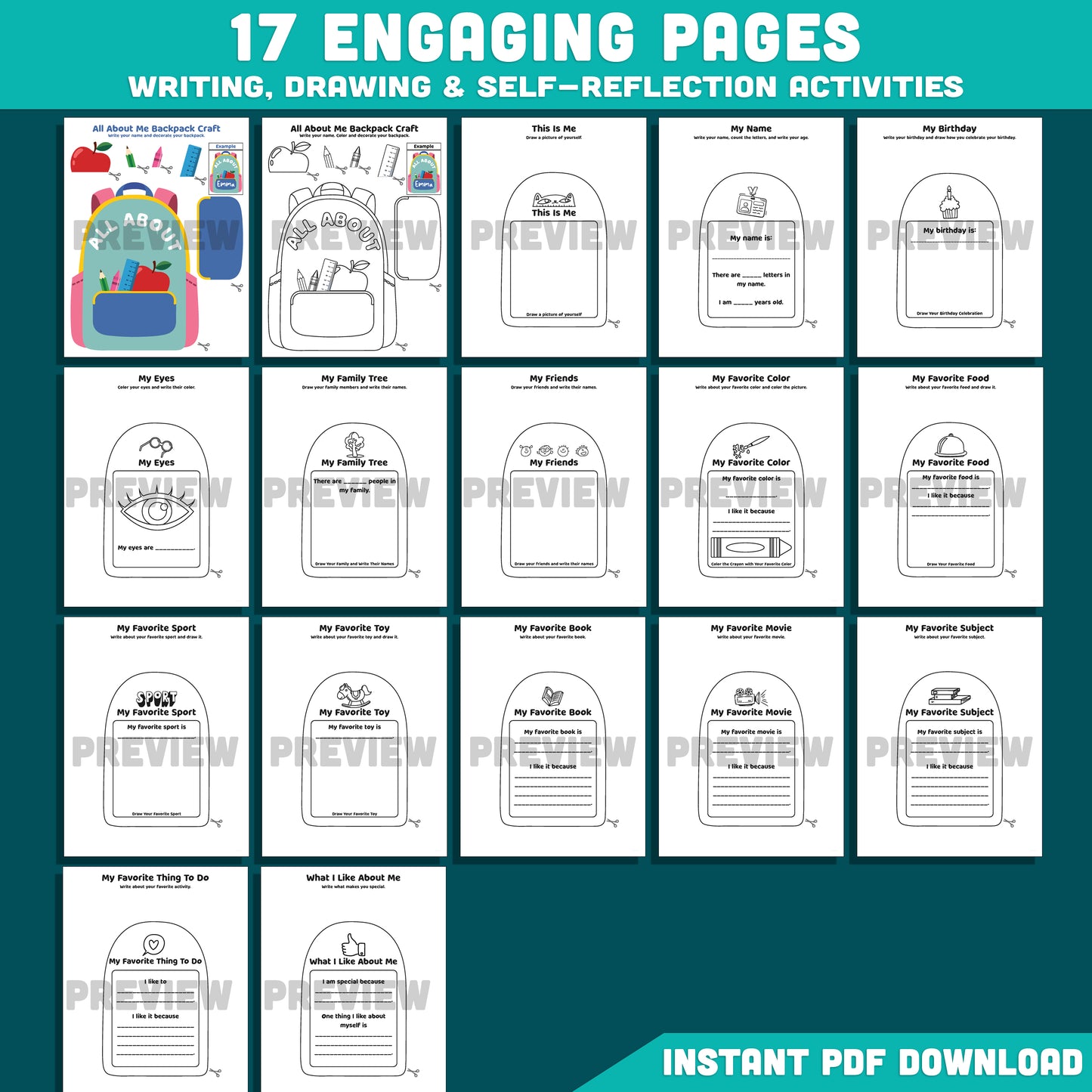 All About Me Backpack Craft, Getting to Know You Worksheet, First Week Back to School Project, Student Printable PDF