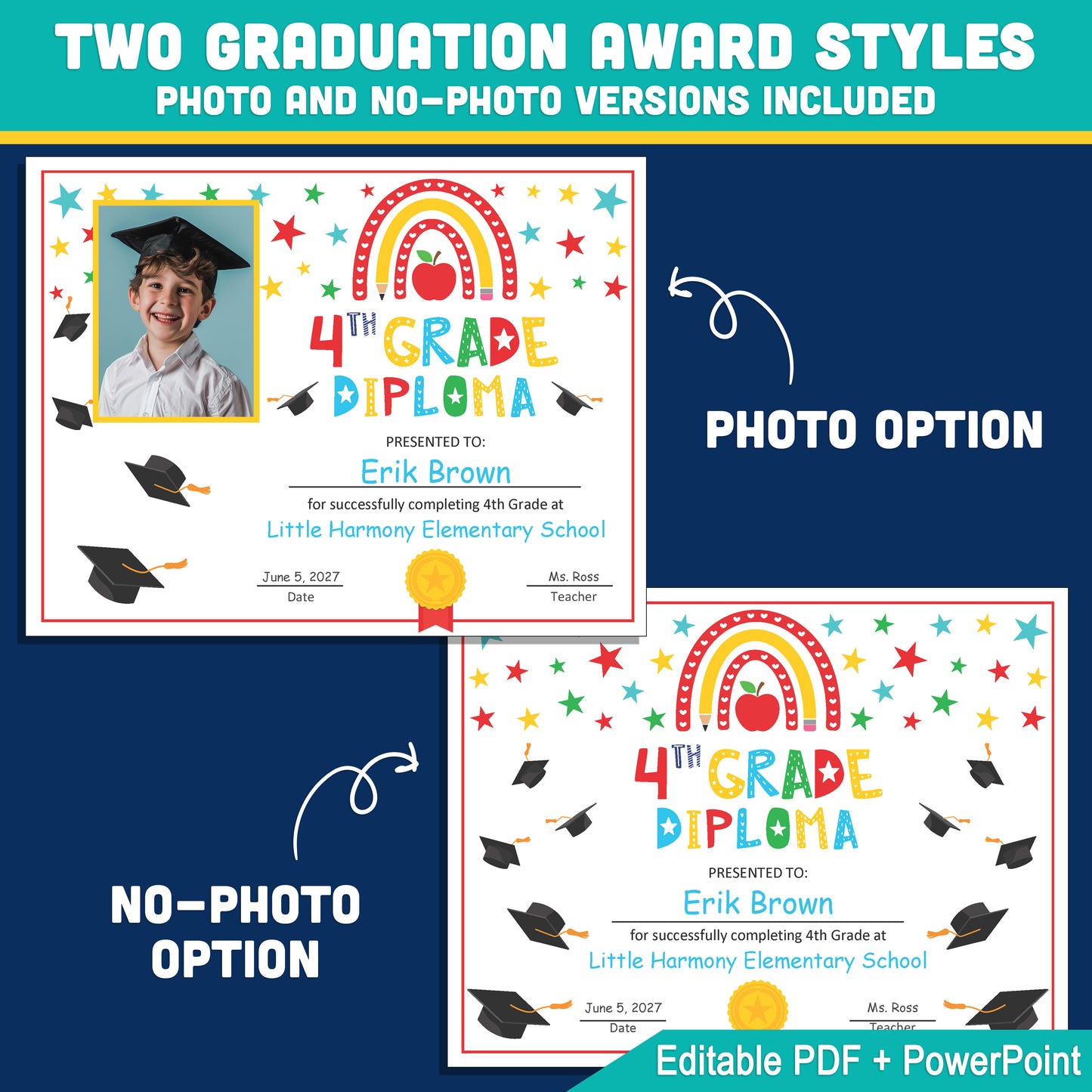 Editable 4th Graduation Diploma & Certificate Set, Printable Rainbow Stars Awards, Photo and No-Photo Options, PDF, PowerPoint, Canva