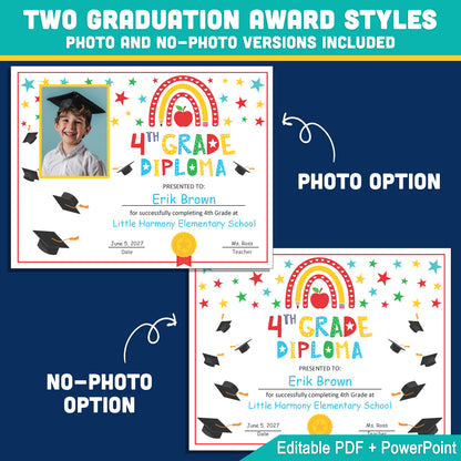 Editable 4th Graduation Diploma & Certificate Set, Printable Rainbow Stars Awards, Photo and No-Photo Options, PDF, PowerPoint, Canva