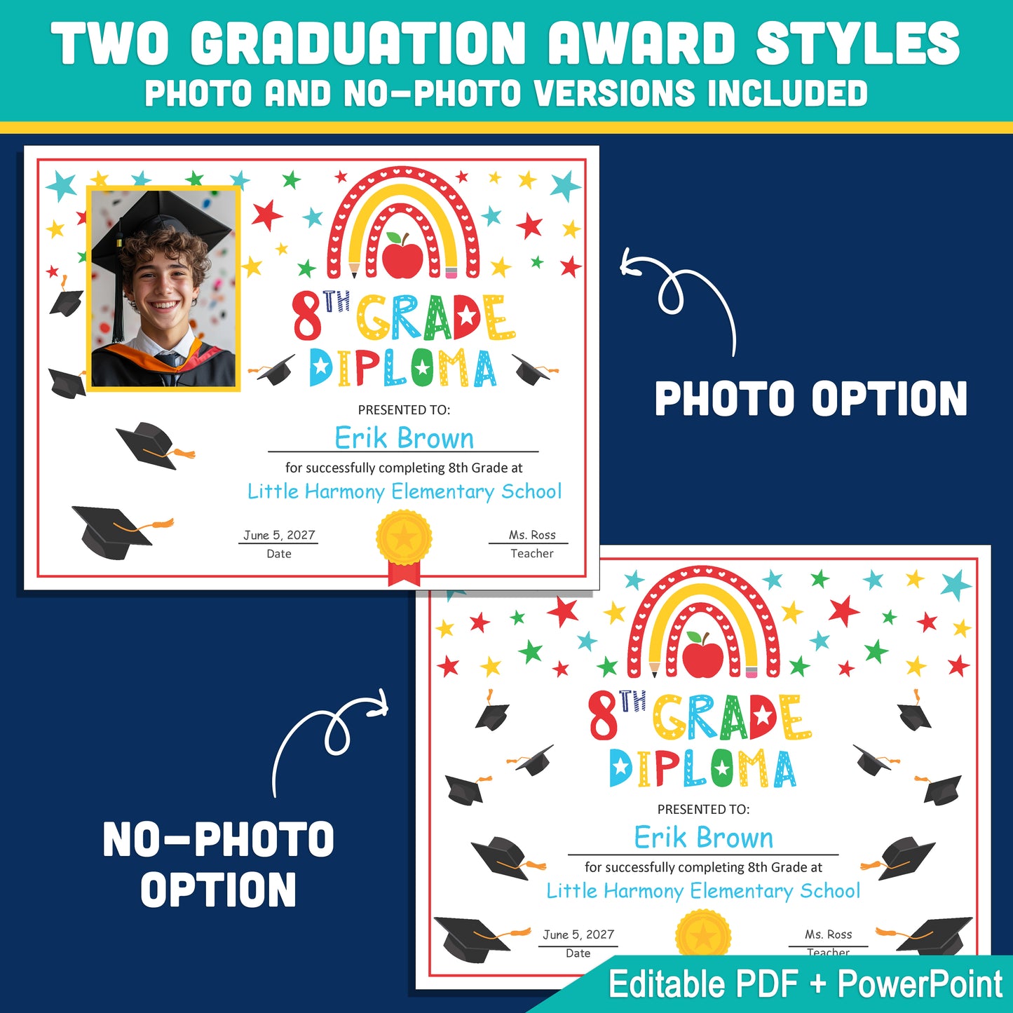 Editable 8th Graduation Diploma & Certificate Set, Rainbow Stars Graduation Awards, Photo or No-Photo Options, Edit in PDF, PowerPoint, Canva
