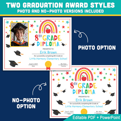 Editable 8th Graduation Diploma & Certificate Set, Rainbow Stars Graduation Awards, Photo or No-Photo Options, Edit in PDF, PowerPoint, Canva