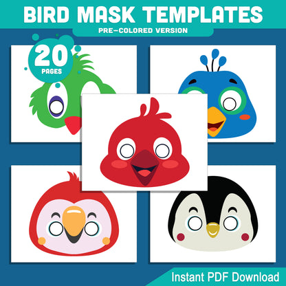 Bird Mask Templates for Kids: 20 Fun Printable Masks for Paper Craft & Pretend Play, Pre-Colored + Black & White, PDF Instant Download