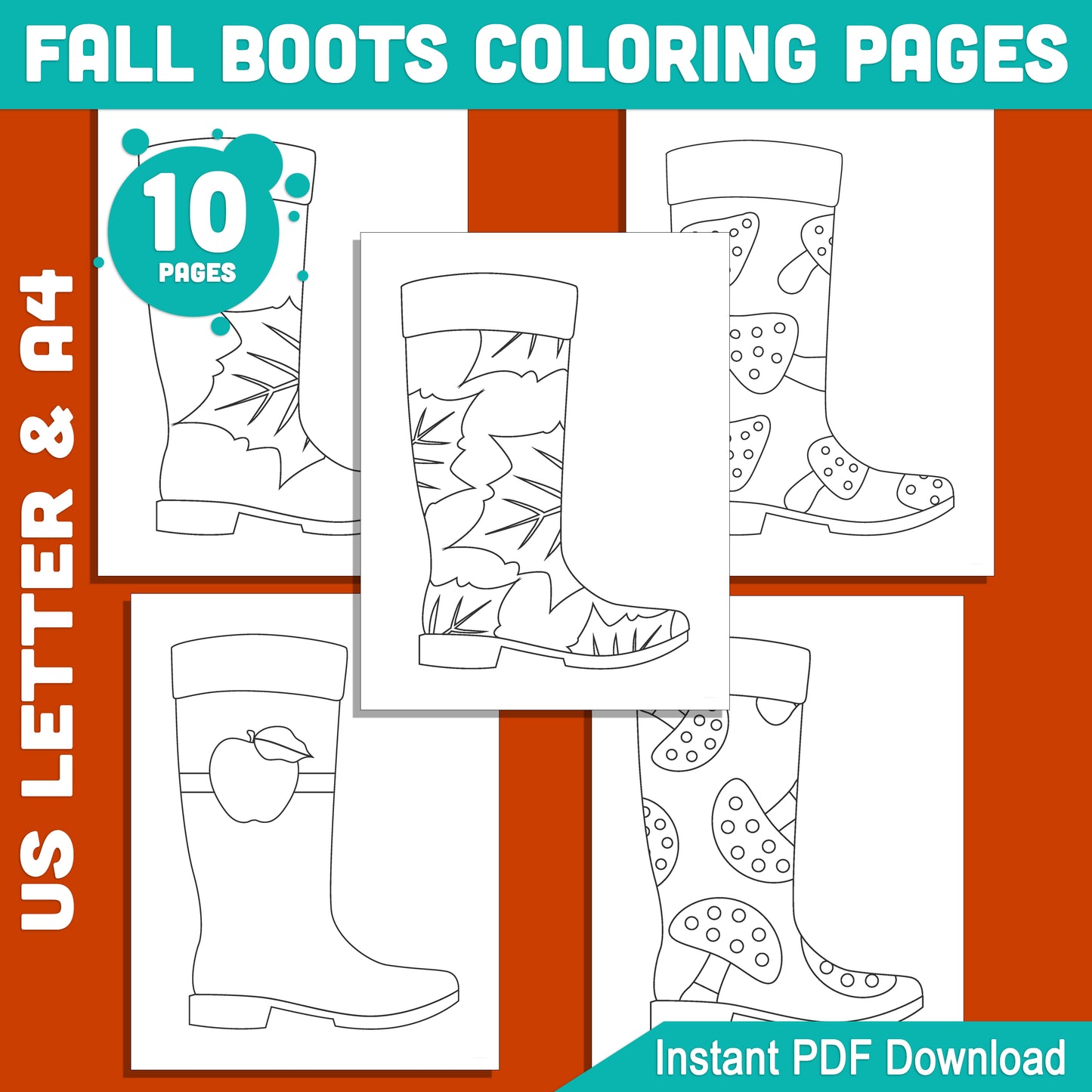 Fall Boots Coloring Pages, Printable Autumn Art Activity, Seasonal Classroom Resource, Kids Coloring Book, 10 Designs, US Letter & A4 PDF