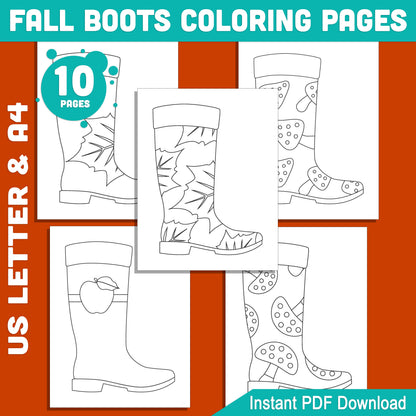 Fall Boots Coloring Pages, Printable Autumn Art Activity, Seasonal Classroom Resource, Kids Coloring Book, 10 Designs, US Letter & A4 PDF