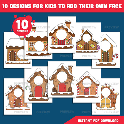 Add Your Face Gingerbread House, Winter Add-Your-Face Templates, Holiday Body Craft with Coloring Version Included, High-res PDF + PNG Files, 10 Printable Designs