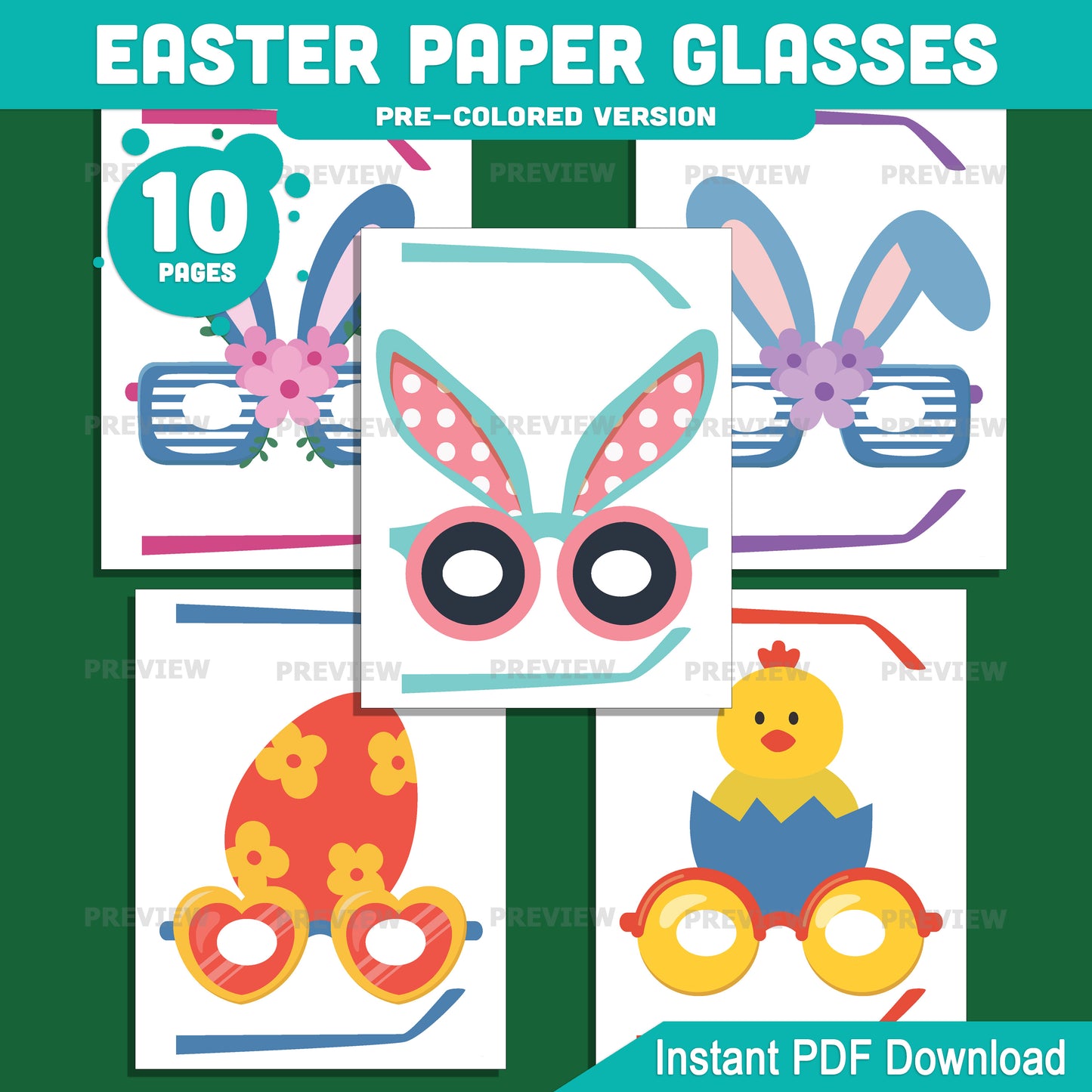 Easter Paper Glasses Printable, Bunny Lamb Egg Spring Craft Template, 10 Printable Glasses Designs, Pre-Colored and Black White Activity
