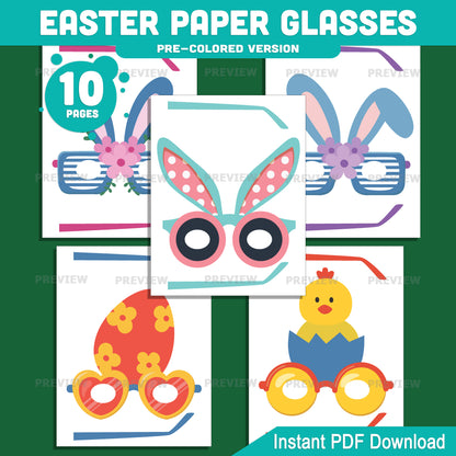 Easter Paper Glasses Printable, Bunny Lamb Egg Spring Craft Template, 10 Printable Glasses Designs, Pre-Colored and Black White Activity