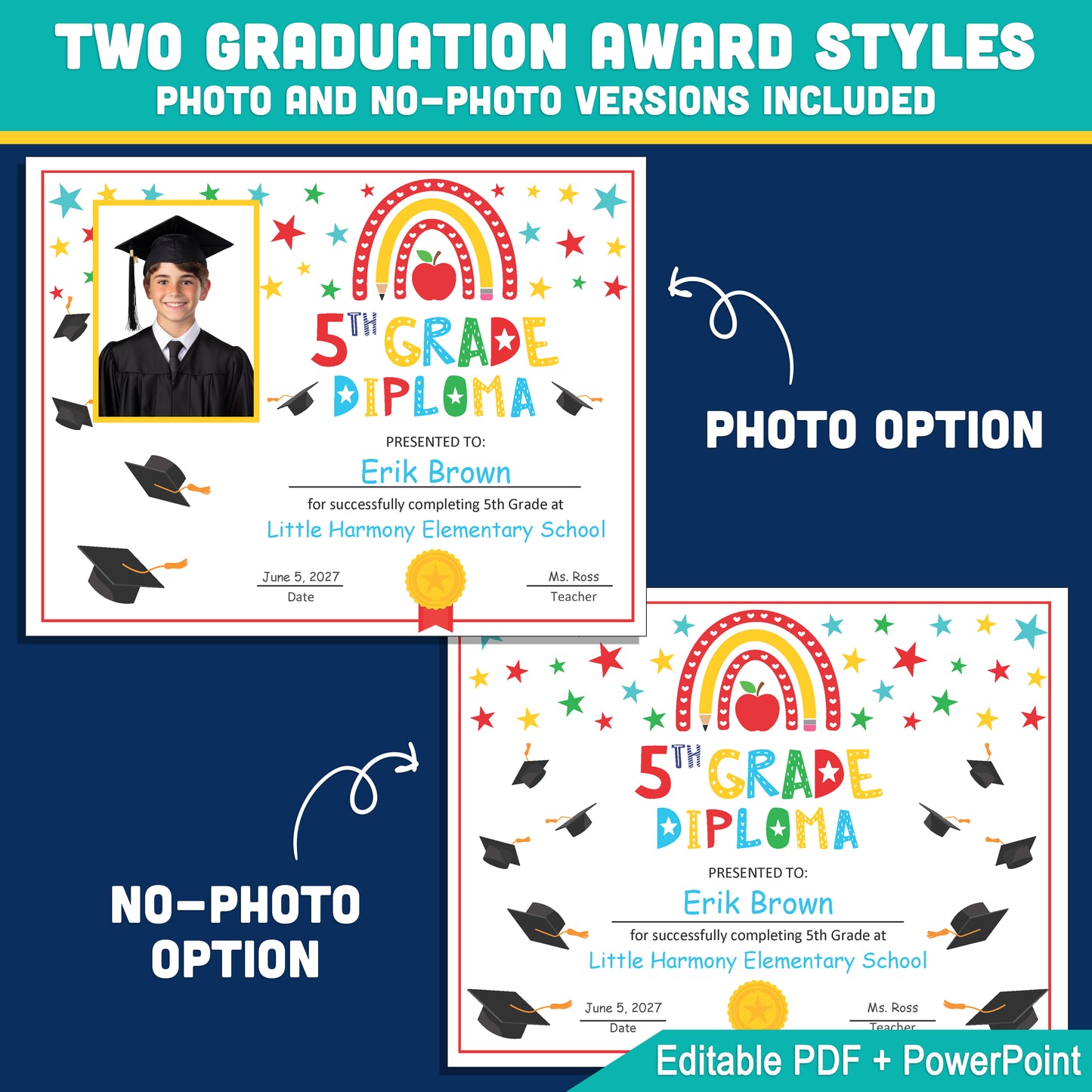 Editable 4th Graduation Diploma & Certificate Set, Printable Rainbow Stars Awards, Photo and No-Photo Options, PDF, PowerPoint, Canva