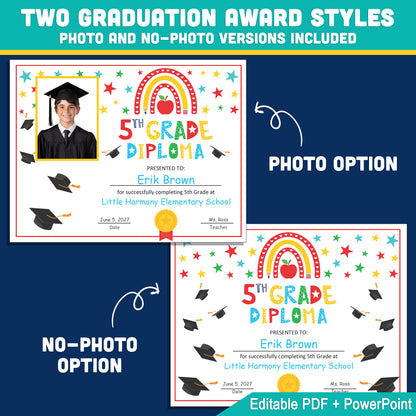 Editable 4th Graduation Diploma & Certificate Set, Printable Rainbow Stars Awards, Photo and No-Photo Options, PDF, PowerPoint, Canva