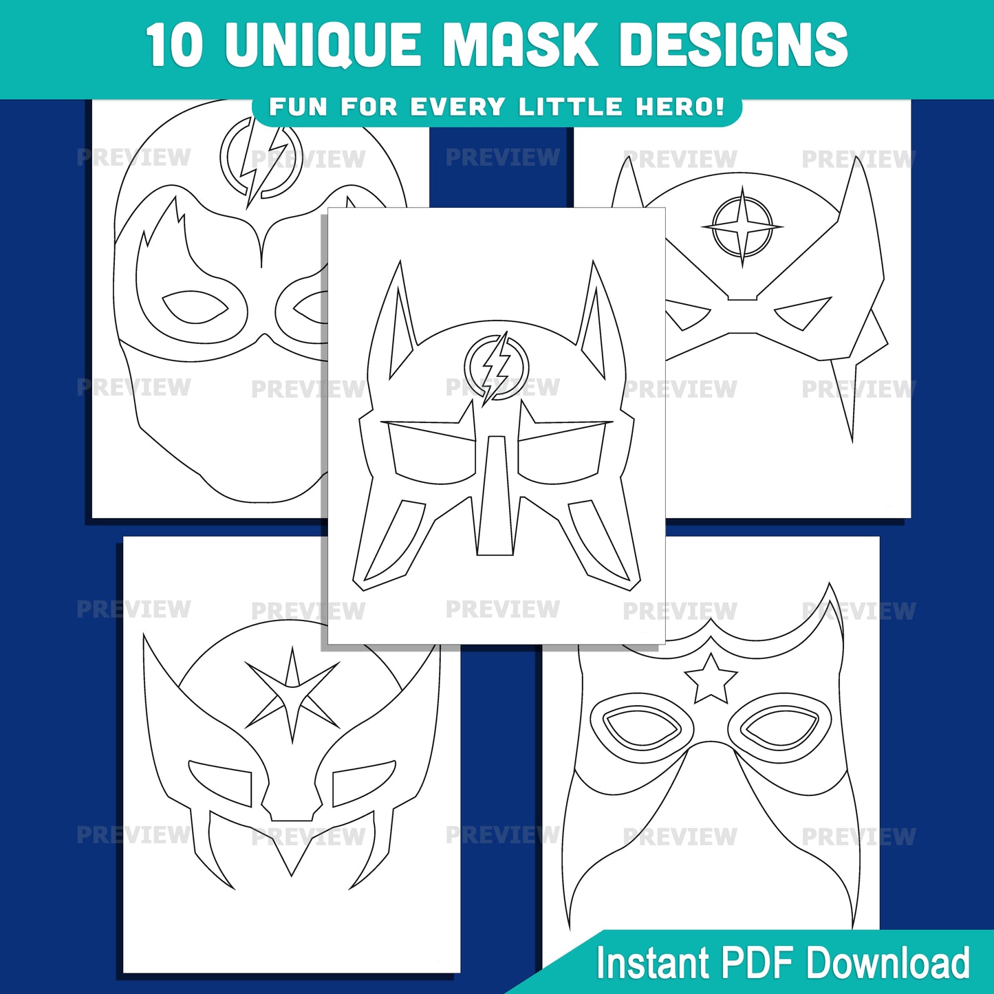Superhero Mask Craft, Color Your Own Printable Masks, Color, Cut & Wear Activity, Printable Kids Craft, 10 Fun Masks, US Letter, A4