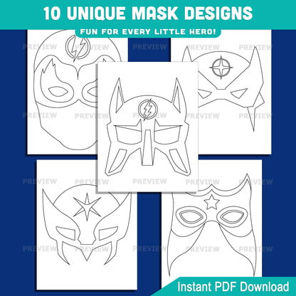 Superhero Mask Craft, Color Your Own Printable Masks, Color, Cut & Wear Activity, Printable Kids Craft, 10 Fun Masks, US Letter, A4