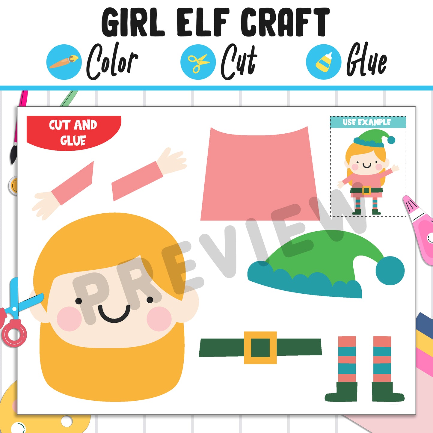 Cute Girl Elf Craft: Fun Christmas Activity for Kids, Color, Cut, and Glue, Pre K to 2nd Grade, PDF Instant Download