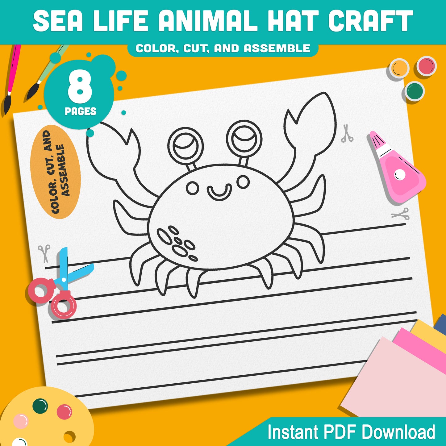 Ocean Animal Hat Templates: 4 Cute Designs Featuring Whale, Crab, Shark, Starfish for Kids’ Creative Crafts at Home or School, Instant PDF