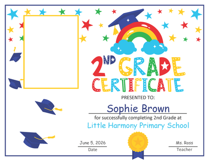 Editable Second Grade Certificate Template with Photo: Letter Size PDF & PowerPoint for Graduation and Special Award Ceremonies