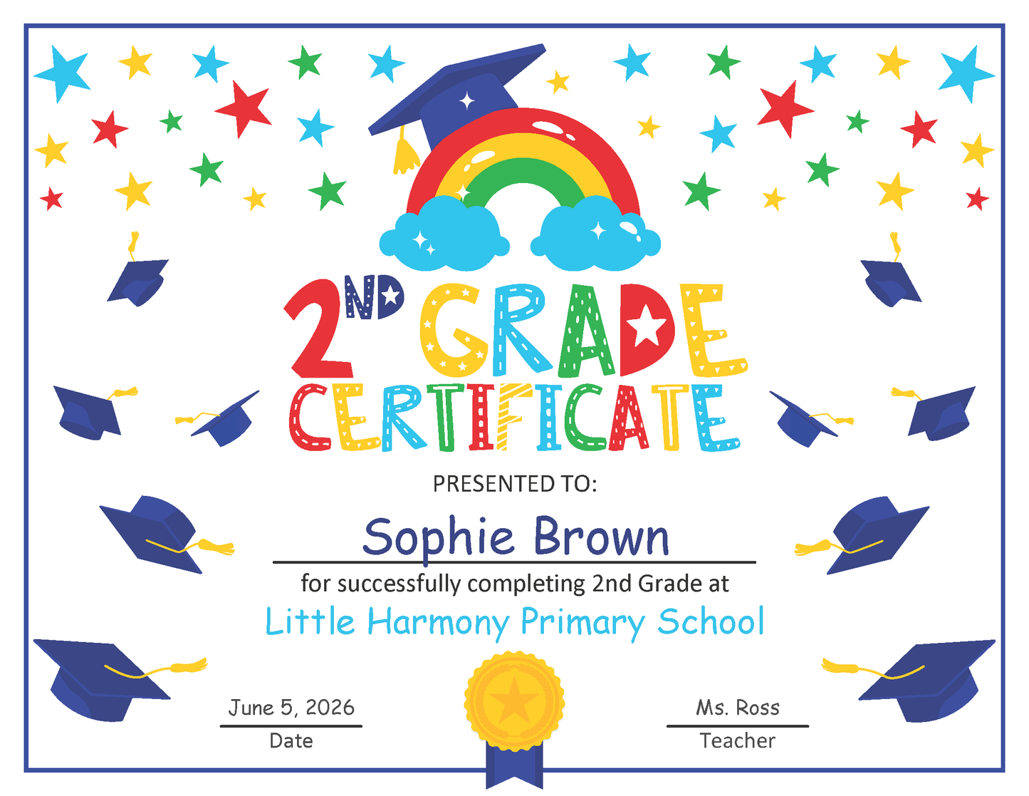 Editable Second Grade Certificate Template with Photo: Letter Size PDF & PowerPoint for Graduation and Special Award Ceremonies