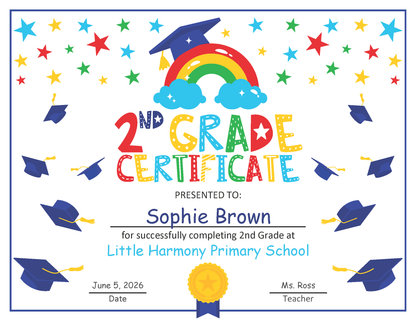 Editable Second Grade Certificate Template with Photo: Letter Size PDF & PowerPoint for Graduation and Special Award Ceremonies