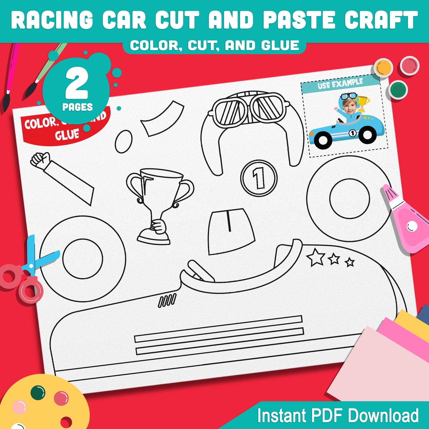 Fun Racing Car Paper Craft for Kids – Cut-and-Paste Activity with Photo Insert Option, 8 Pages in Color and B&W, Printable PDF Download