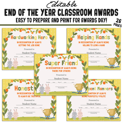 Editable End of Year Awards Certificates, 26 Pages, PDF, Instant Download – Perfect for Classroom and Student Achievements