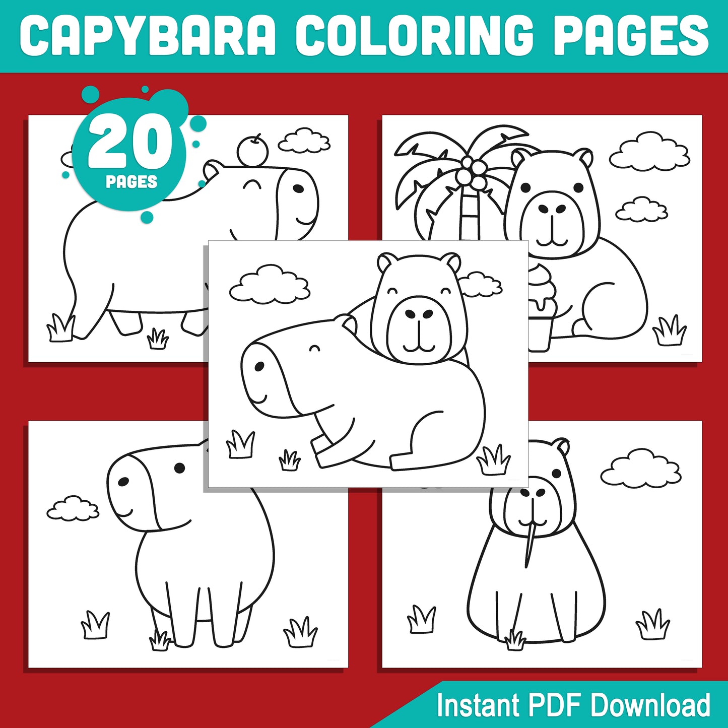 20 Fun Capybara Coloring Pages for Kids – Perfect for Preschool & Kindergarten, Easy-to-Print PDF, Instant Download