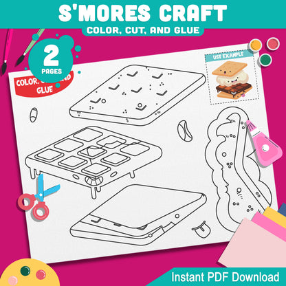 Color Cut and Glue S'mores Craft Printable, Fun Summer Camping Party Activity for Kids, 2 Pages of Creative Fun, Instant PDF Download