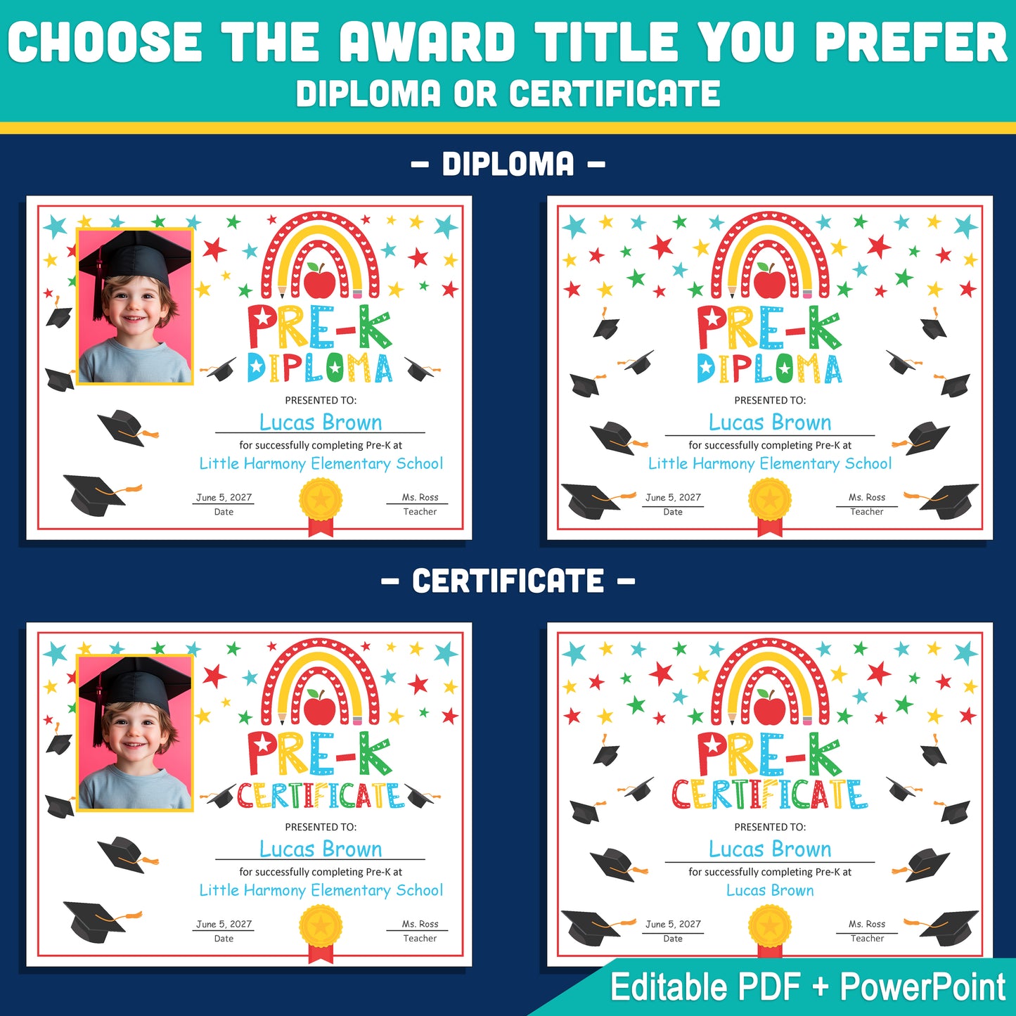 Editable Pre-K Graduation Diploma & Certificate Set, Printable Graduation Awards with Photo and No-Photo Options, Edit in PDF, PowerPoint, Canva