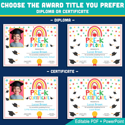 Editable Pre-K Graduation Diploma & Certificate Set, Printable Graduation Awards with Photo and No-Photo Options, Edit in PDF, PowerPoint, Canva