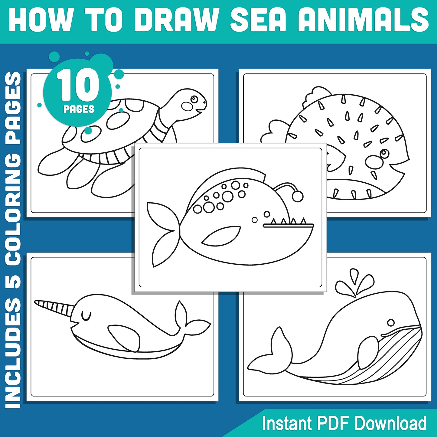 Drawing Sea Animals Made Easy: 5-Page Tutorial for Kids Featuring Anglerfish, Whale, Narwhal, Pufferfish, and Sea Turtle, Instant PDF Download!