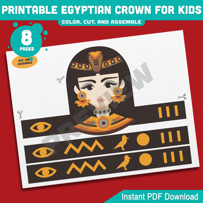 Printable Egyptian Crown for Kids, Pharaoh Cleopatra Sphinx Anubis Paper Hat and Headband Crafts, Fun Color Cut & Wear Activity, 5 Designs, PDF