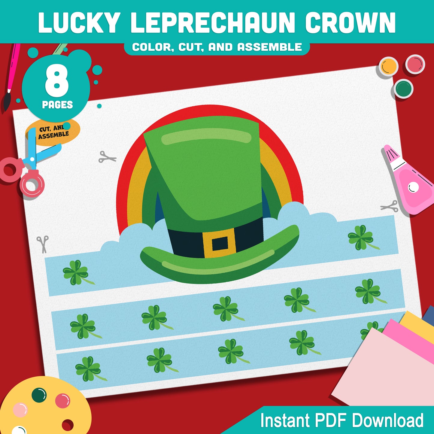 Lucky Leprechaun Crown – St. Patrick’s Day Printable Headband Craft for Kids, Shamrock Wearable Paper Hat Project, Pre-color + Black & White, Color Cut Wear PDF