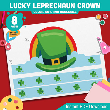 Lucky Leprechaun Crown – St. Patrick’s Day Printable Headband Craft for Kids, Shamrock Wearable Paper Hat Project, Pre-color + Black & White, Color Cut Wear PDF