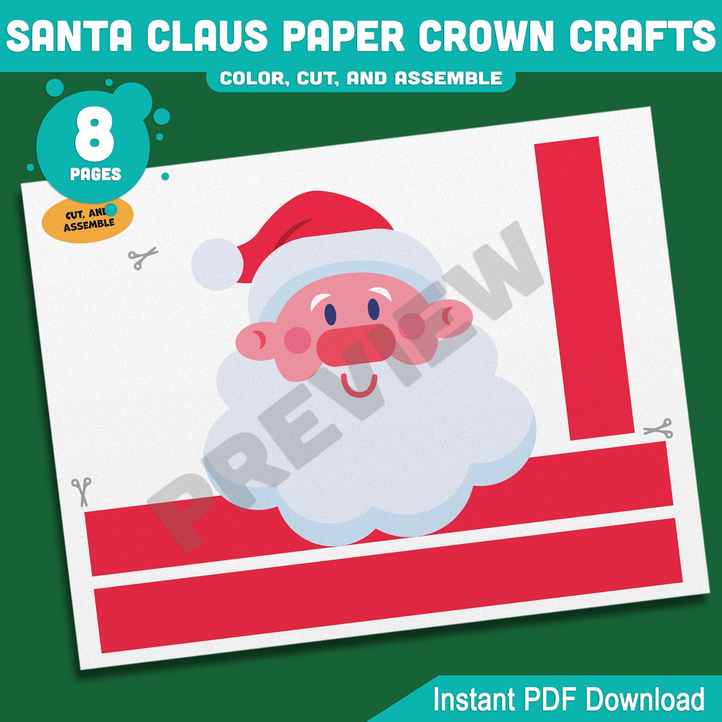 Printable Santa Claus Paper Crown Crafts, Christmas Coloring Headband and Hat Activity, Cut, Color & Wear, Perfect for Winter Party Fun, 4 Designs, Pre-color + Black & White, Instant PDF Download