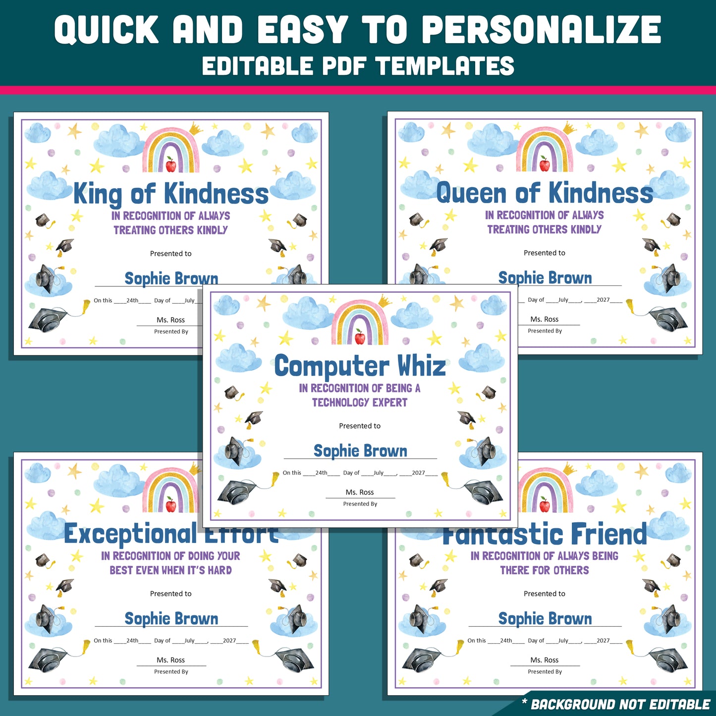 Kindergarten End-of-Year Awards, Personalized Recognition Set, 26 Customizable Diplomas and Certificates, PowerPoint, Printable