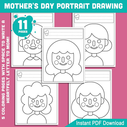 Creative Mother’s Day Portrait Drawing Guide: 5 Steps, 5 Coloring Pages with Letter-Writing Space, and 1 Personal Page to Draw Mom, Instant Download