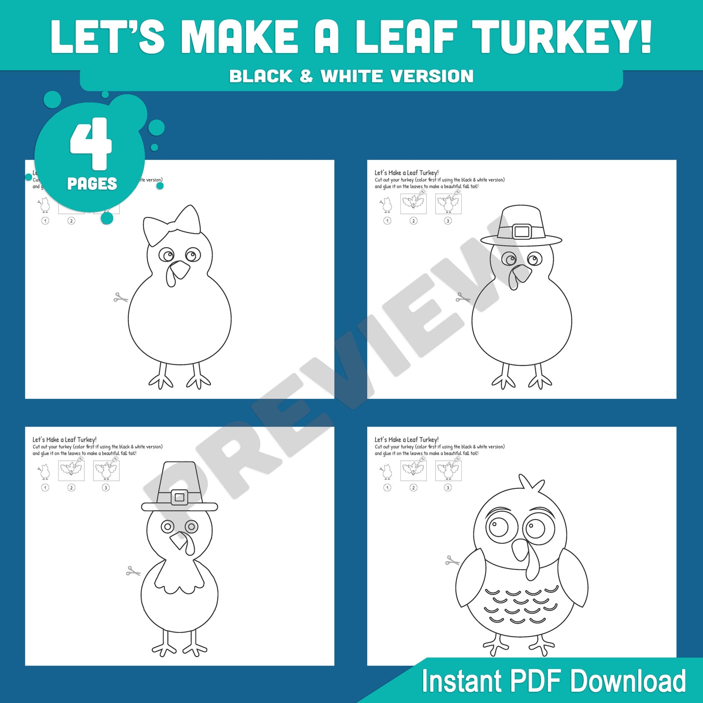 Let’s Make a Leaf Turkey! Printable Fall Leaf Turkey Paper Craft Templates, 4 Designs, 8 Pages, Pre-Colored + B&W, Use real fall leaves