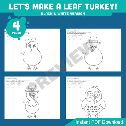Let’s Make a Leaf Turkey! Printable Fall Leaf Turkey Paper Craft Templates, 4 Designs, 8 Pages, Pre-Colored + B&W, Use real fall leaves