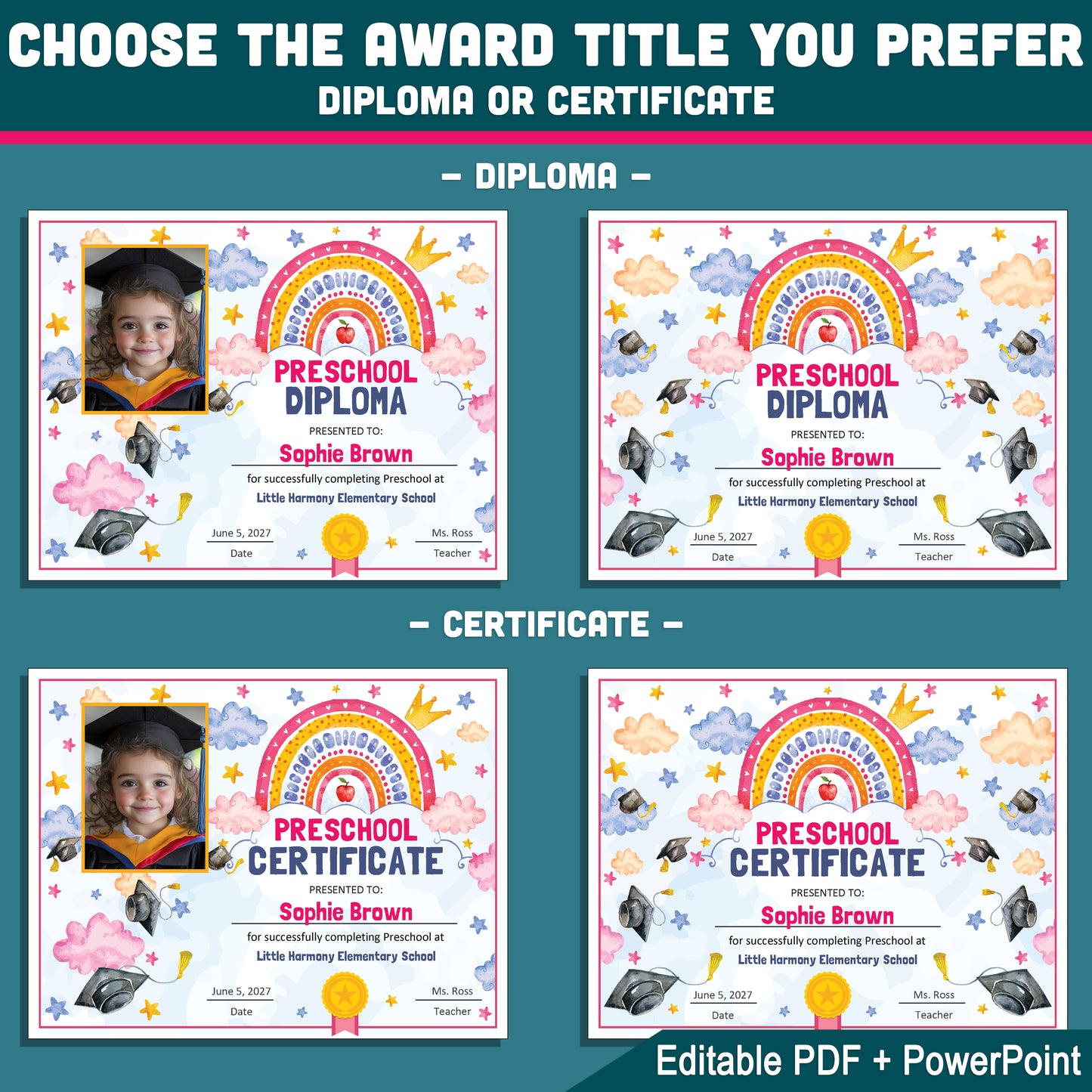 Preschool Completion Certificate, Watercolor Rainbow Stars Theme, Editable End of Year Award Set, Photo and No Photo, PDF and PowerPoint