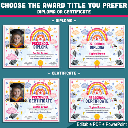 Preschool Completion Certificate, Watercolor Rainbow Stars Theme, Editable End of Year Award Set, Photo and No Photo, PDF and PowerPoint