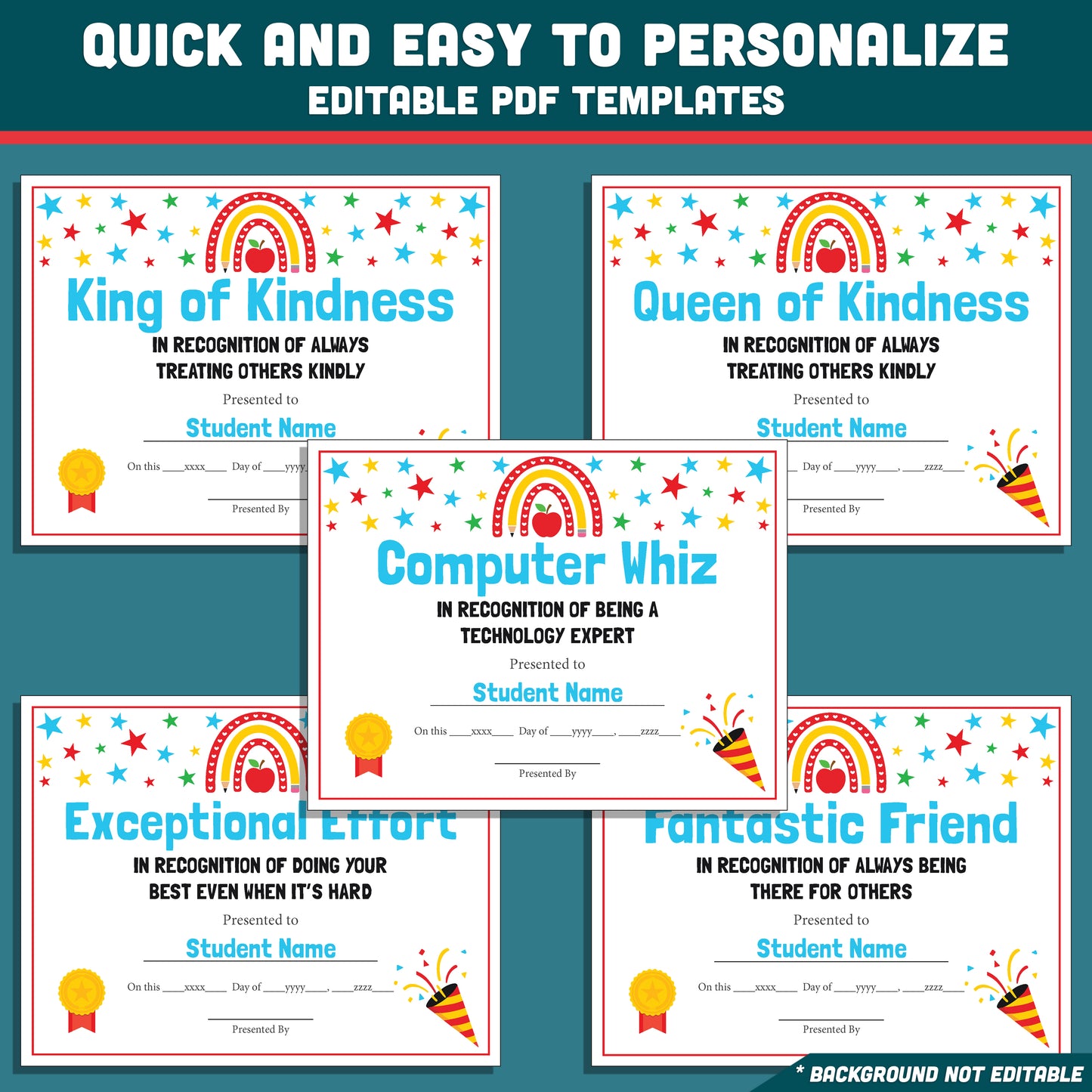 Editable Student Recognition Awards, Classroom Certificates, 26 Options, Printable Student Honors, Quick Personalization, Low Prep Teaching Tool