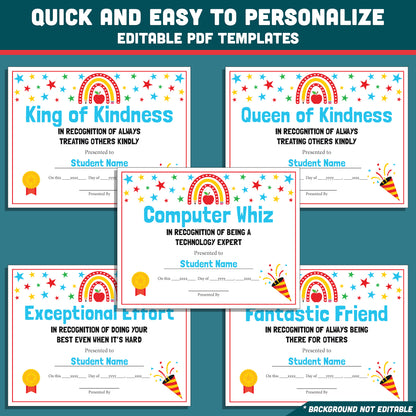 Editable Student Recognition Awards, Classroom Certificates, 26 Options, Printable Student Honors, Quick Personalization, Low Prep Teaching Tool