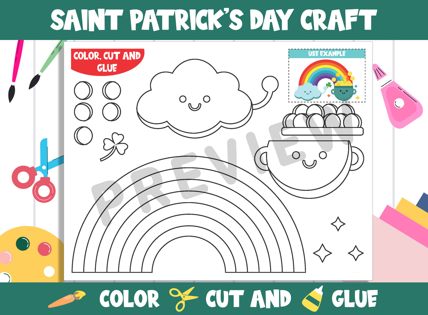 Saint Patrick's Day Rainbow Craft Activity : Color, Cut, and Glue for PreK to 2nd Grade, PDF File, Instant Download