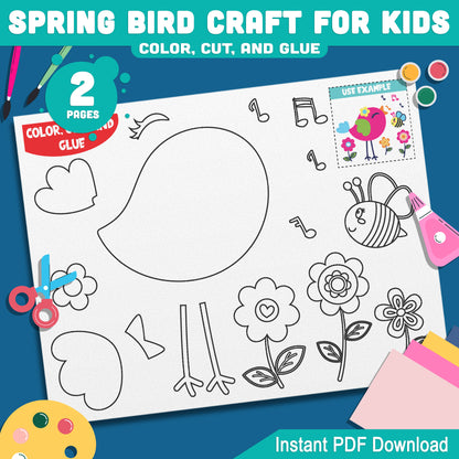 Spring Bird Craft for Kids: DIY Color, Cut, and Glue Art Activity for Spring, Encouraging Creativity and Learning, Instant Download Available