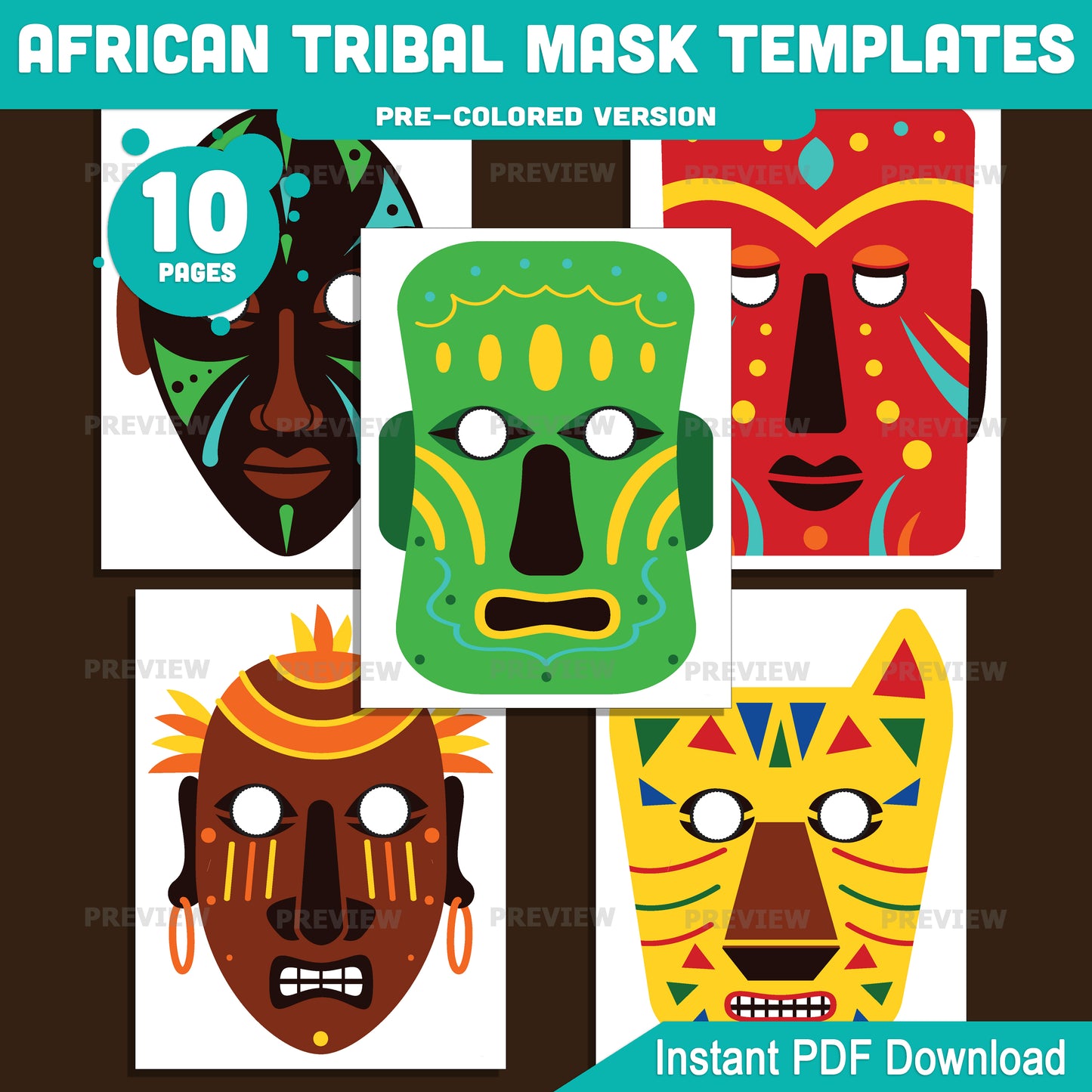 African Tribal Mask Templates, Masquerade Printable Classroom Craft, Pre-Colored and Black and White Mask Set, Art and Drama Activity for Kids