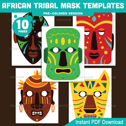 African Tribal Mask Templates, Masquerade Printable Classroom Craft, Pre-Colored and Black and White Mask Set, Art and Drama Activity for Kids