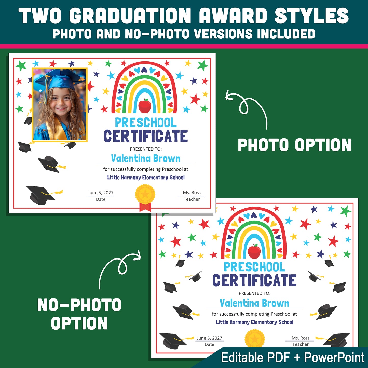 Editable Certificate of Completion, Printable Rainbow Student Awards, Photo and No-Photo Options, PDF and PowerPoint