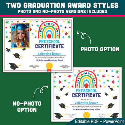 Editable Certificate of Completion, Printable Rainbow Student Awards, Photo and No-Photo Options, PDF and PowerPoint